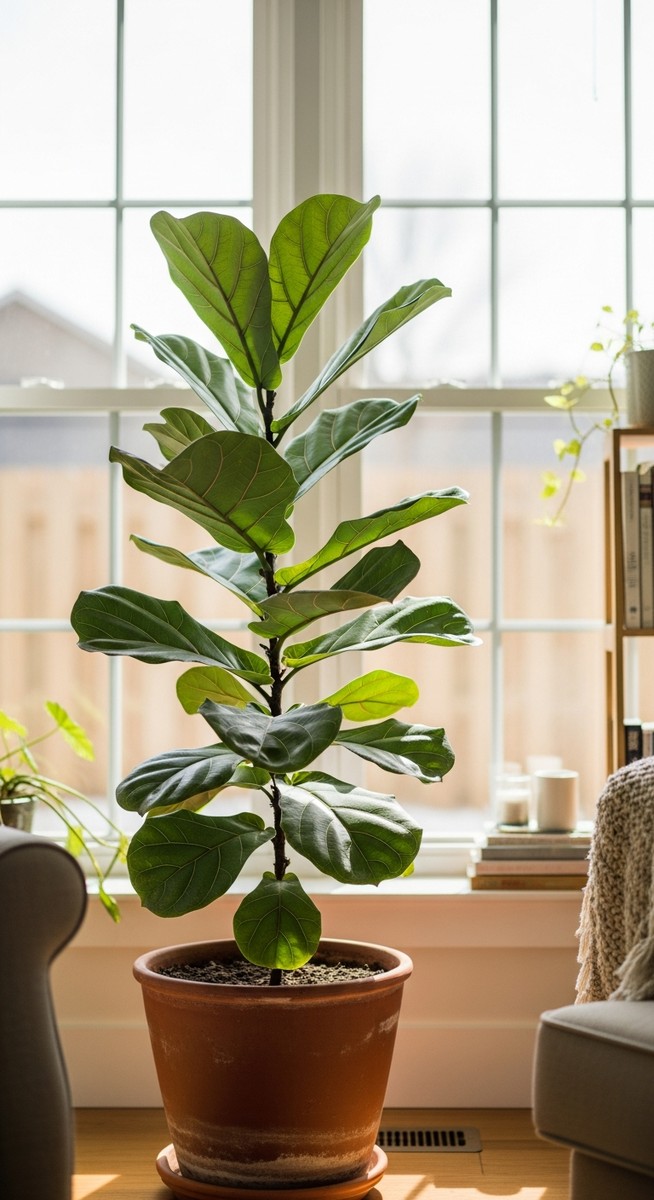 a fiddle leaf fig plant in a pot near a bright window