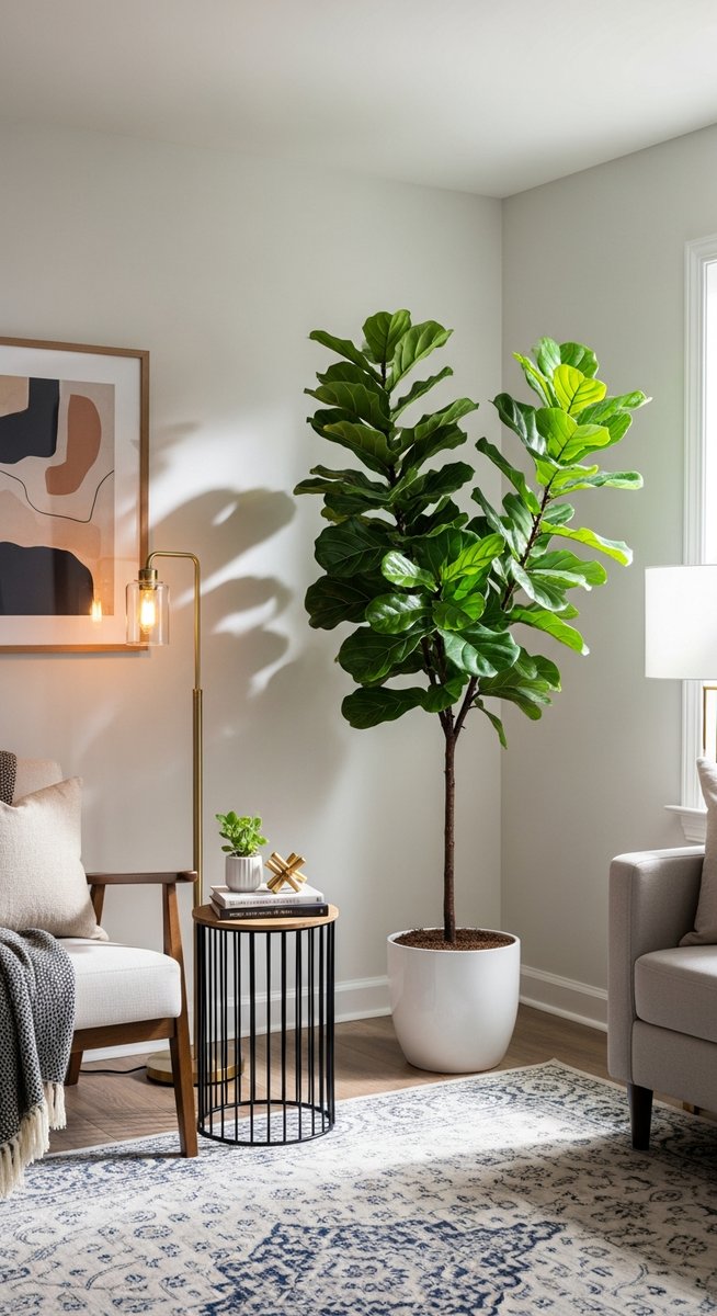 a large thriving fiddle leaf fig plant as a living room focal point, for how fast fiddle leaf figs grow