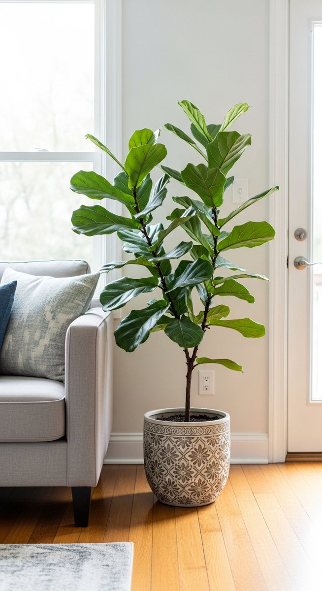 a fiddle leaf fig plant in a decorative pot on a wooden floor