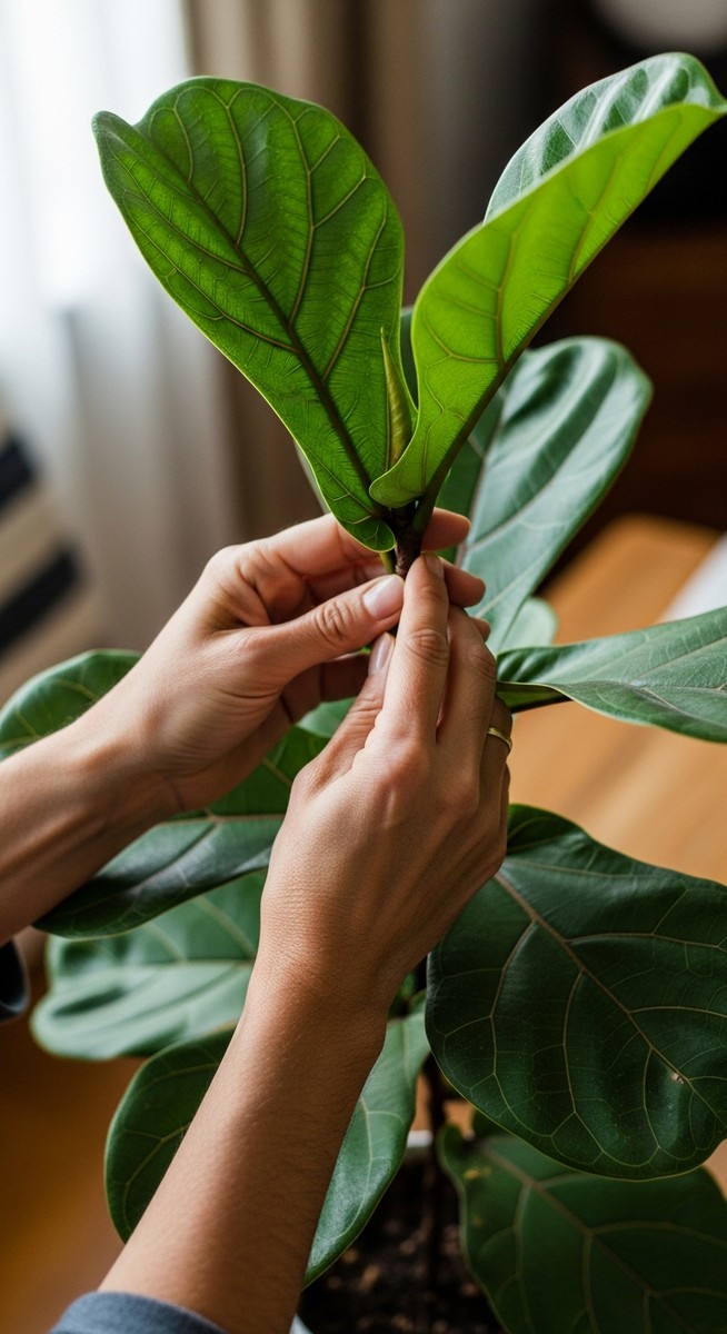 hands touching the leaves of a healthy fiddle leaf fig plant