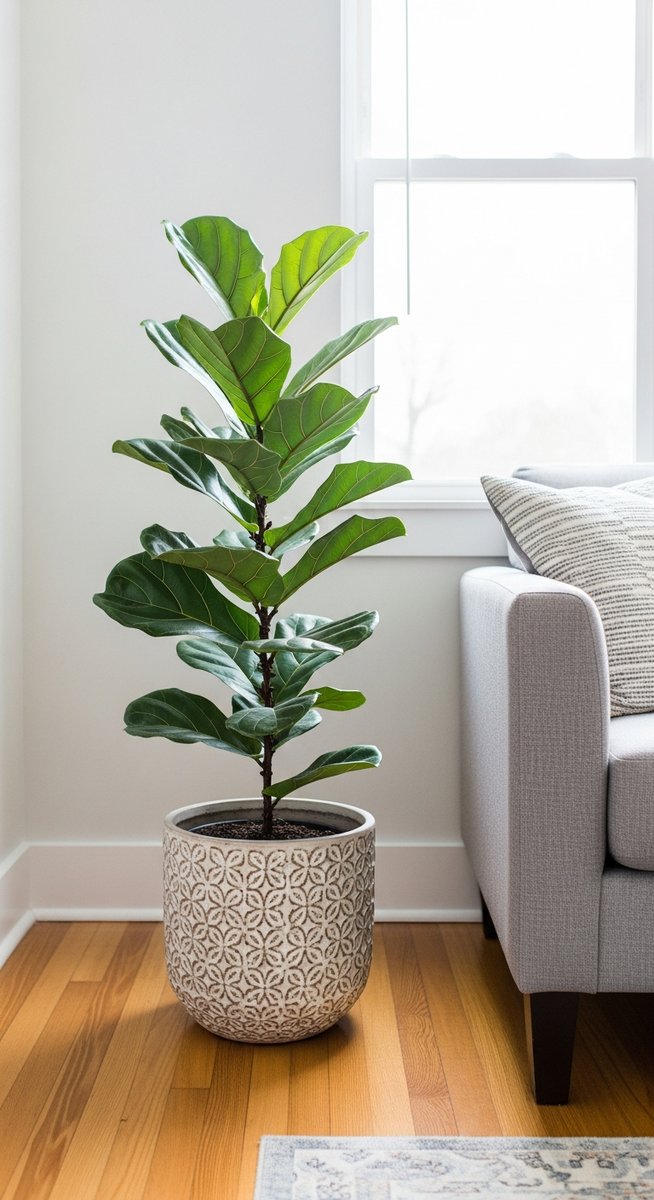 a fiddle leaf fig plant in a decorative pot on a wooden floor