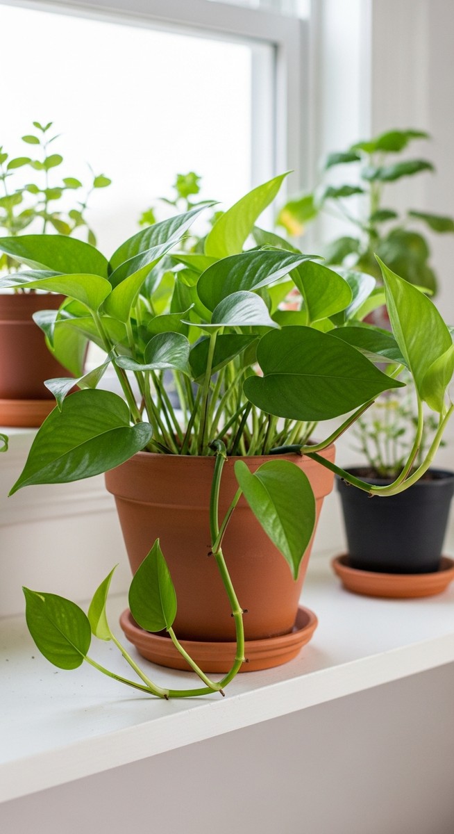 a lush pothos plant in a terracotta pot on a white shelf