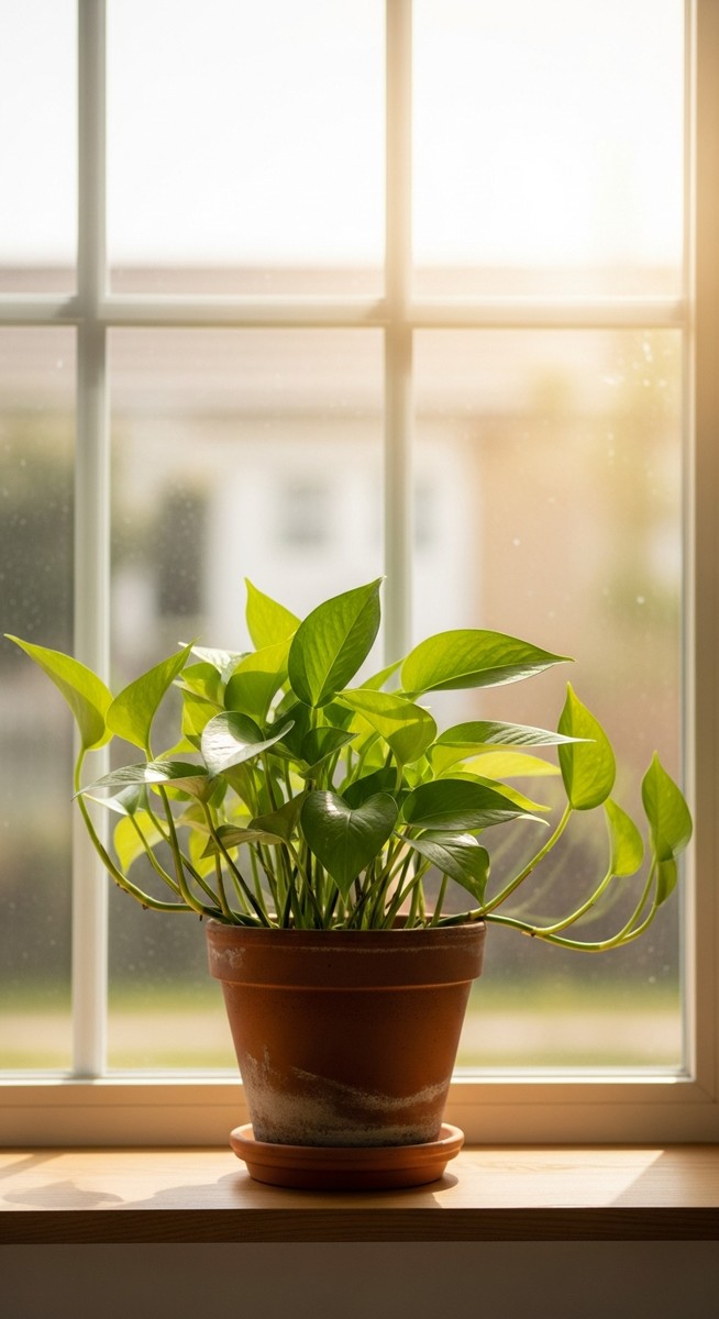a pothos plant in a pot near a bright window