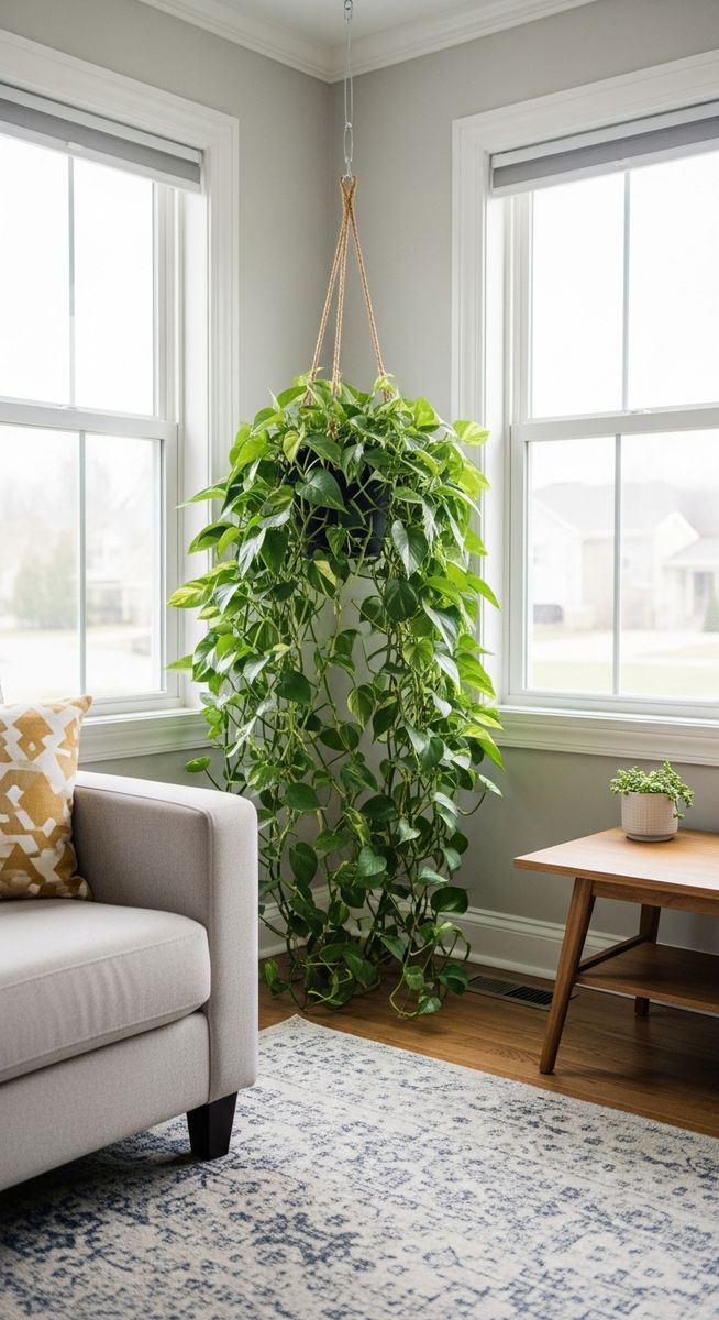 a large thriving pothos plant as a living room focal point, for how fast pothos grow