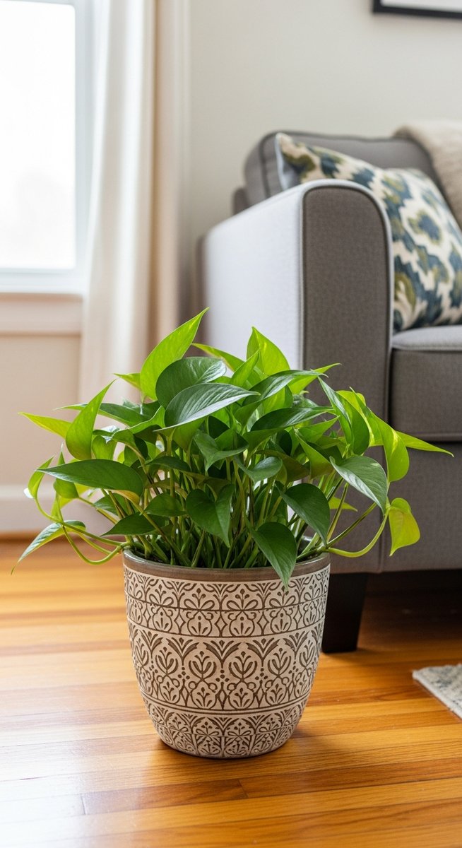 a pothos plant in a decorative pot on a wooden floor