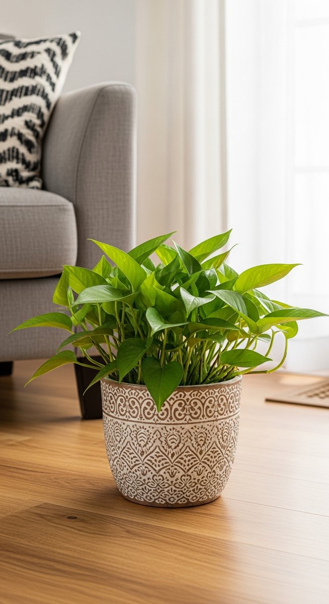 a pothos plant in a decorative pot on a wooden floor