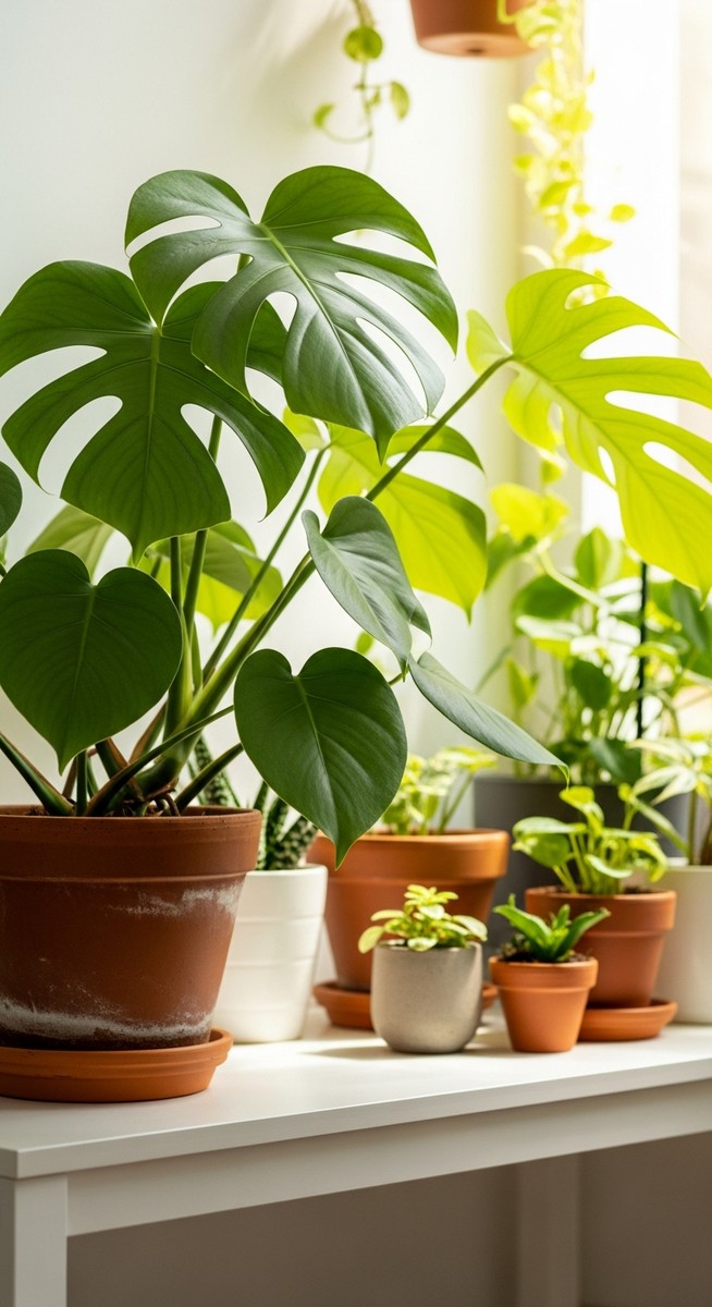 a lush monstera plant in a terracotta pot on a white shelf