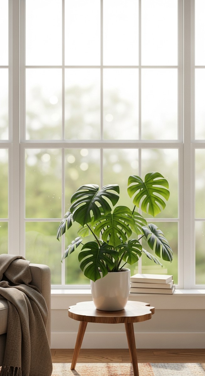 a monstera plant in a pot near a bright window