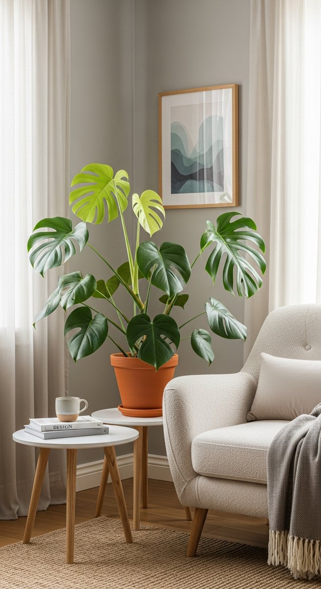 a large thriving monstera plant as a living room focal point, for how long monsteras take to grow