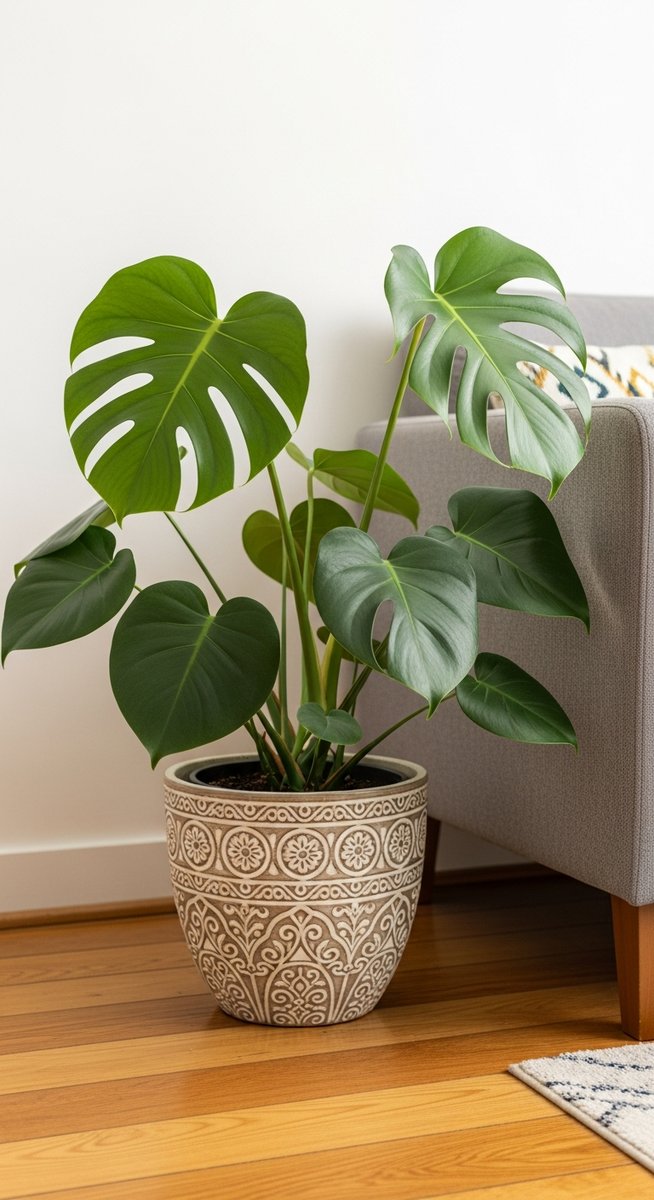 a monstera plant in a decorative pot on a wooden floor