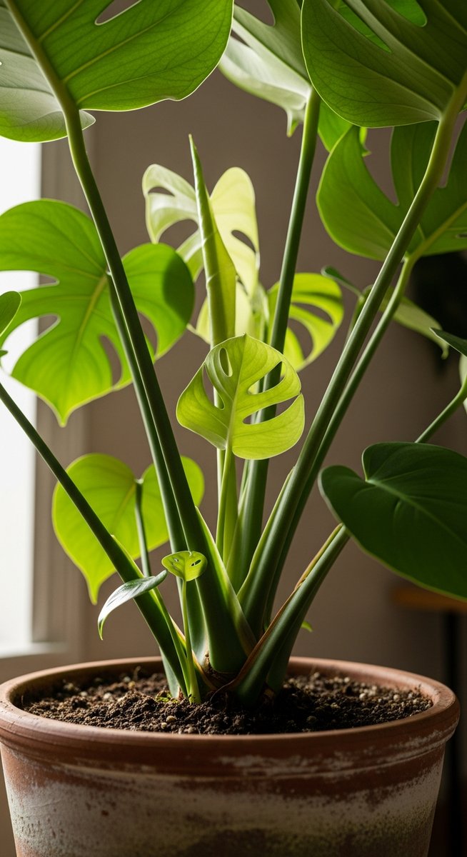 close-up of the base and lower leaves of a monstera plant, for how long monsteras take to grow