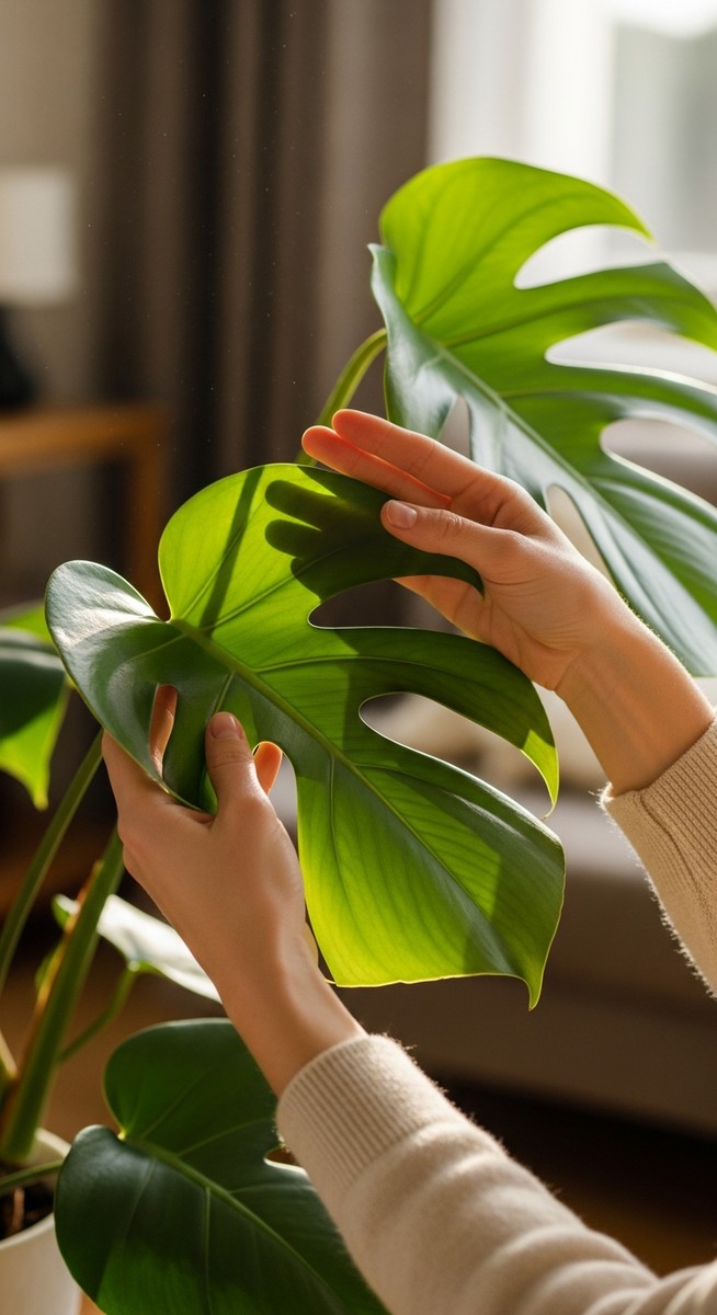 hands touching the leaves of a healthy monstera plant