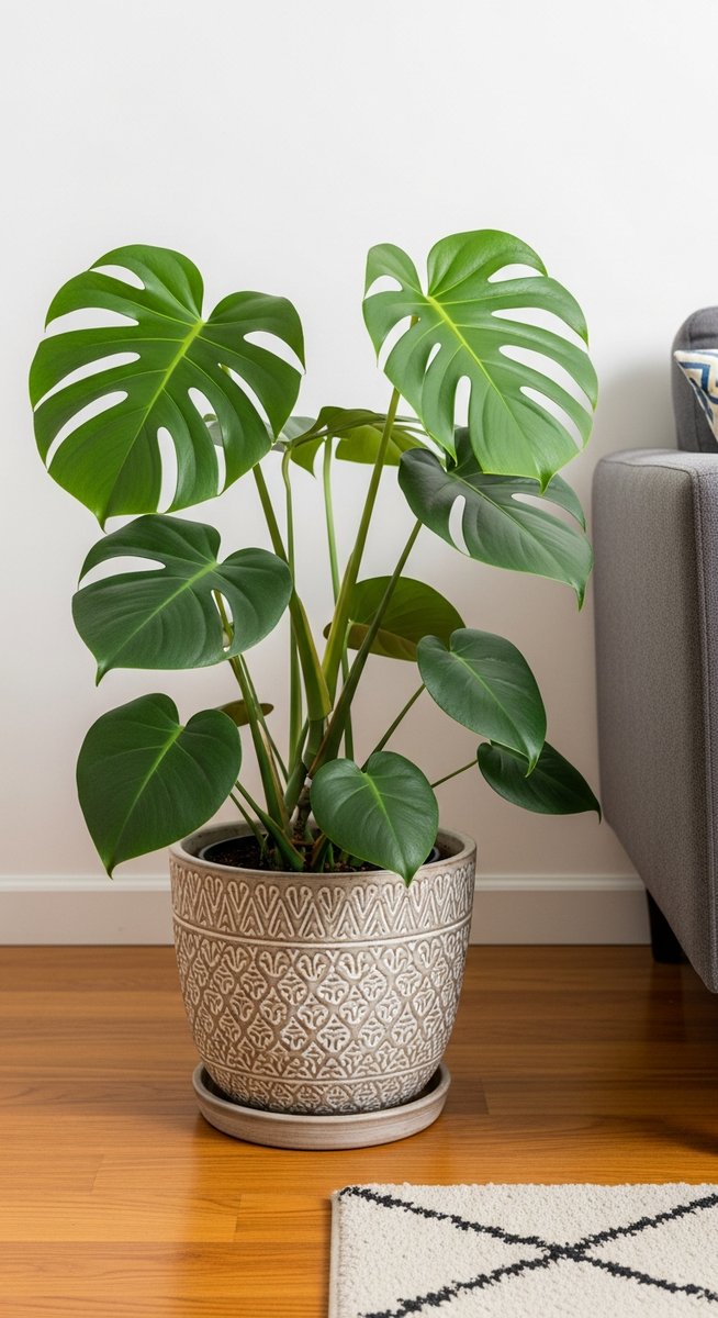 a monstera plant in a decorative pot on a wooden floor