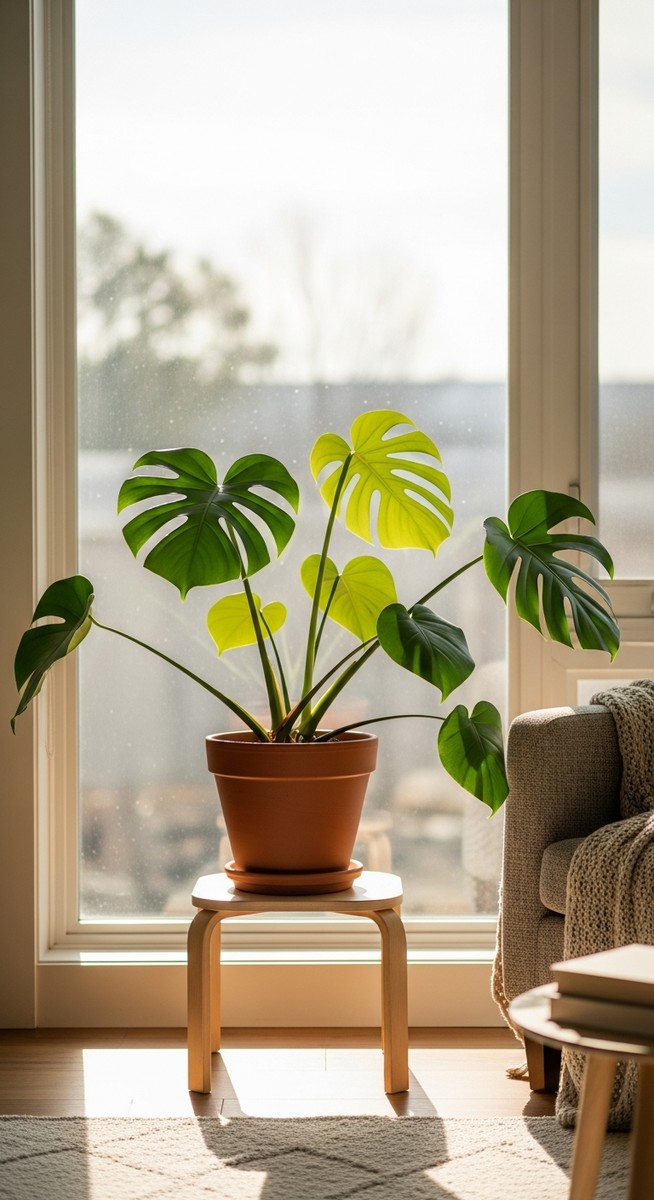 a monstera plant in a pot near a bright window
