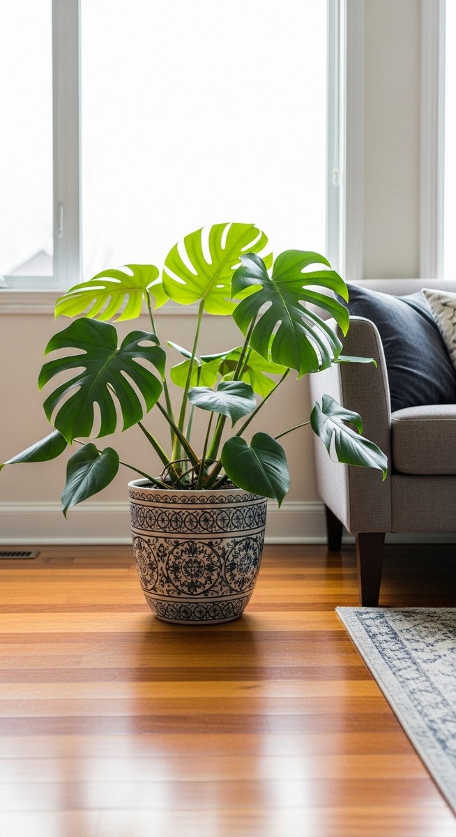 a monstera plant in a decorative pot on a wooden floor