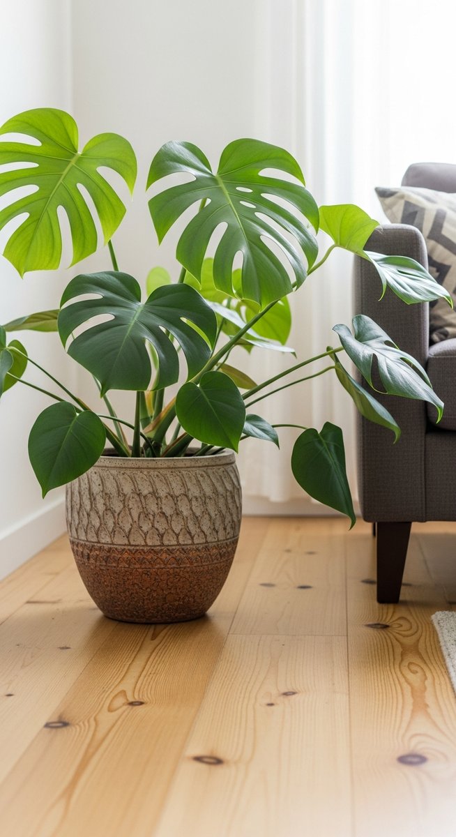a monstera plant in a decorative pot on a wooden floor