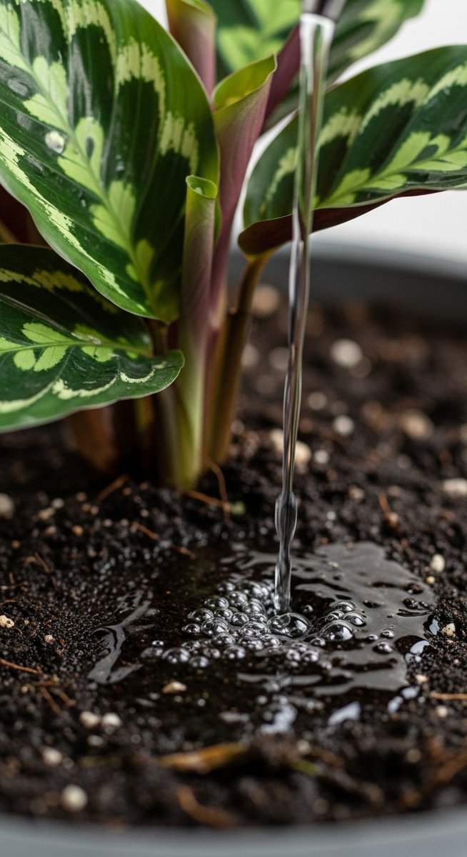 close-up of water being poured into the soil of a calathea plant