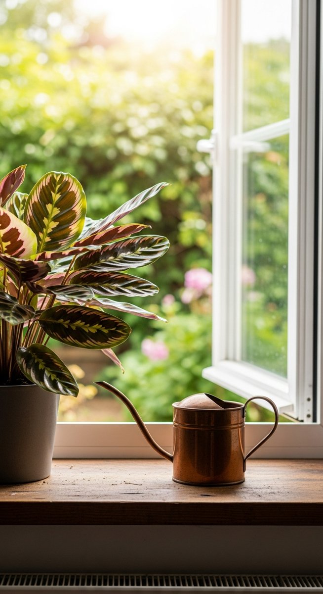 a calathea plant on a windowsill next to a small watering can