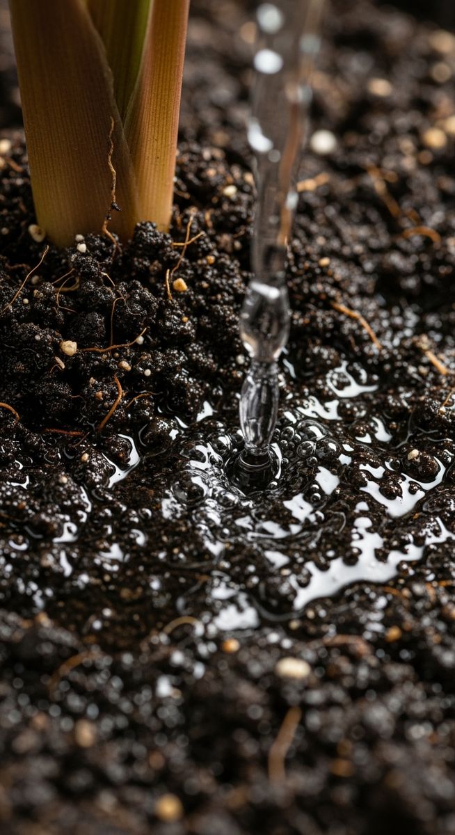 close-up of water soaking into the soil of a calathea plant, for how often to water calathea