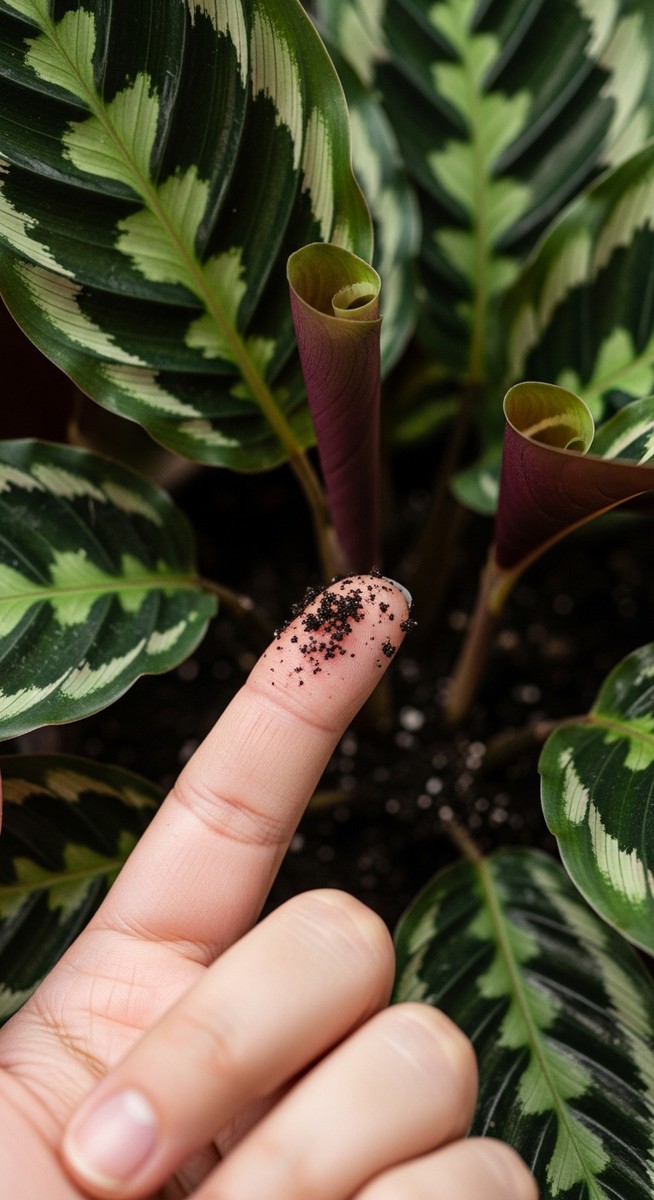 a person checking soil moisture of a calathea plant before watering, for how often to water calathea