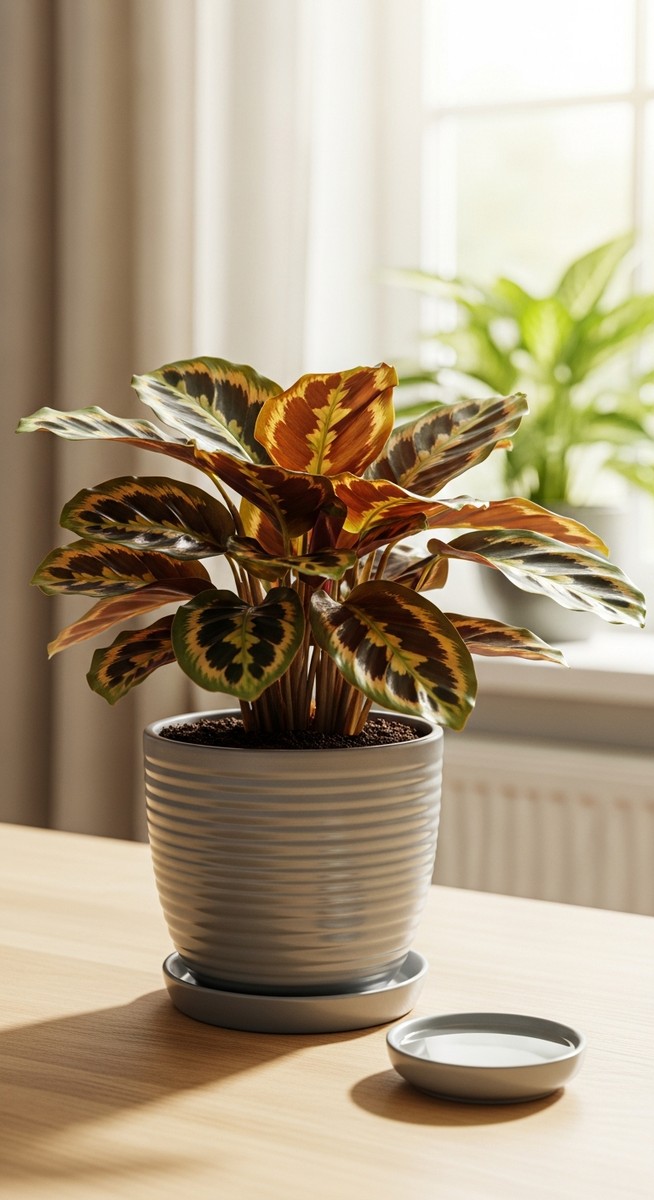 a calathea plant in a pot with a saucer underneath