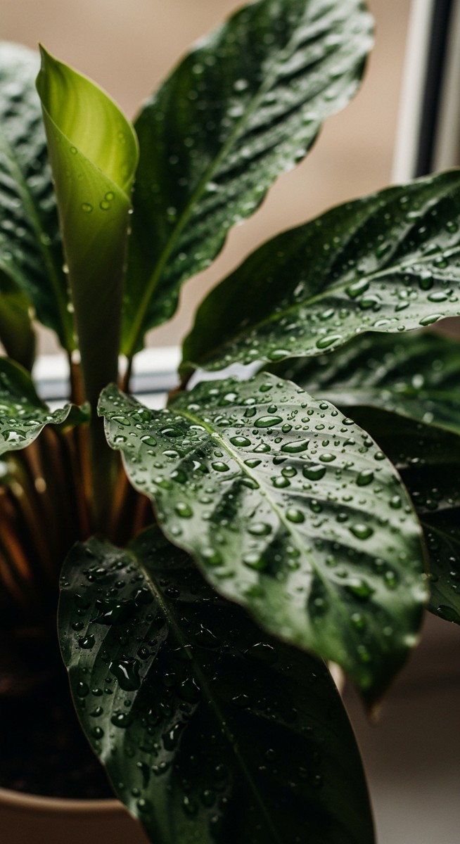 a calathea plant with water droplets on the leaves after watering