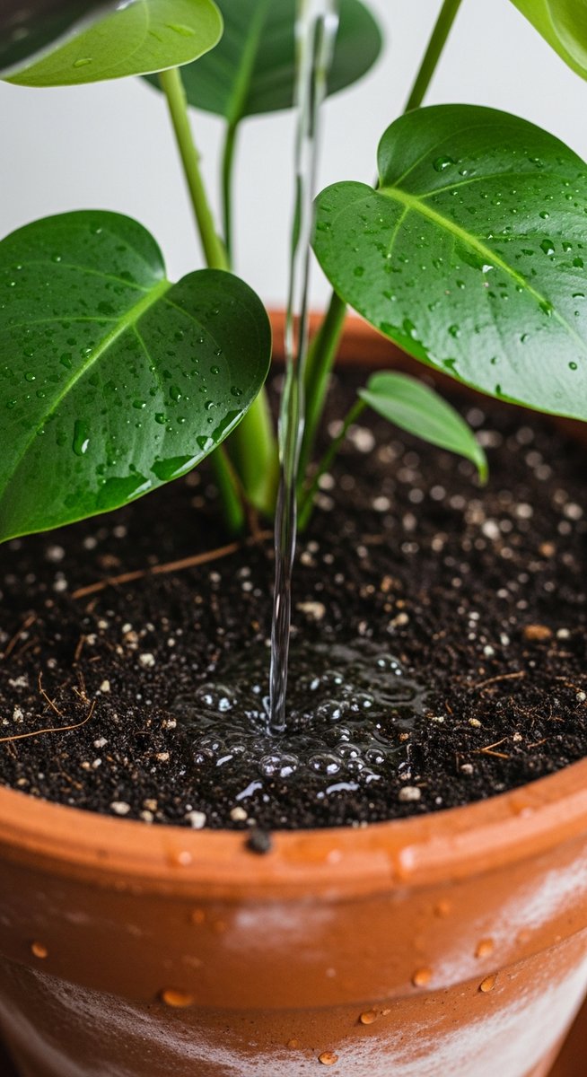close-up of water being poured into the soil of a monstera plant