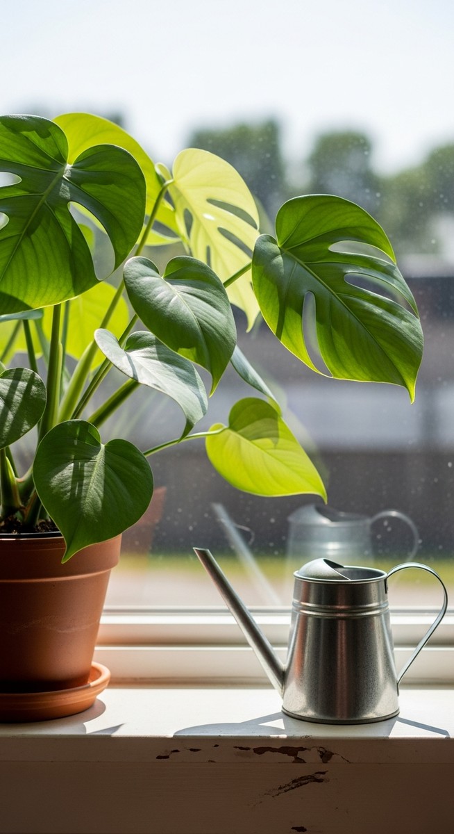 a monstera plant on a windowsill next to a small watering can