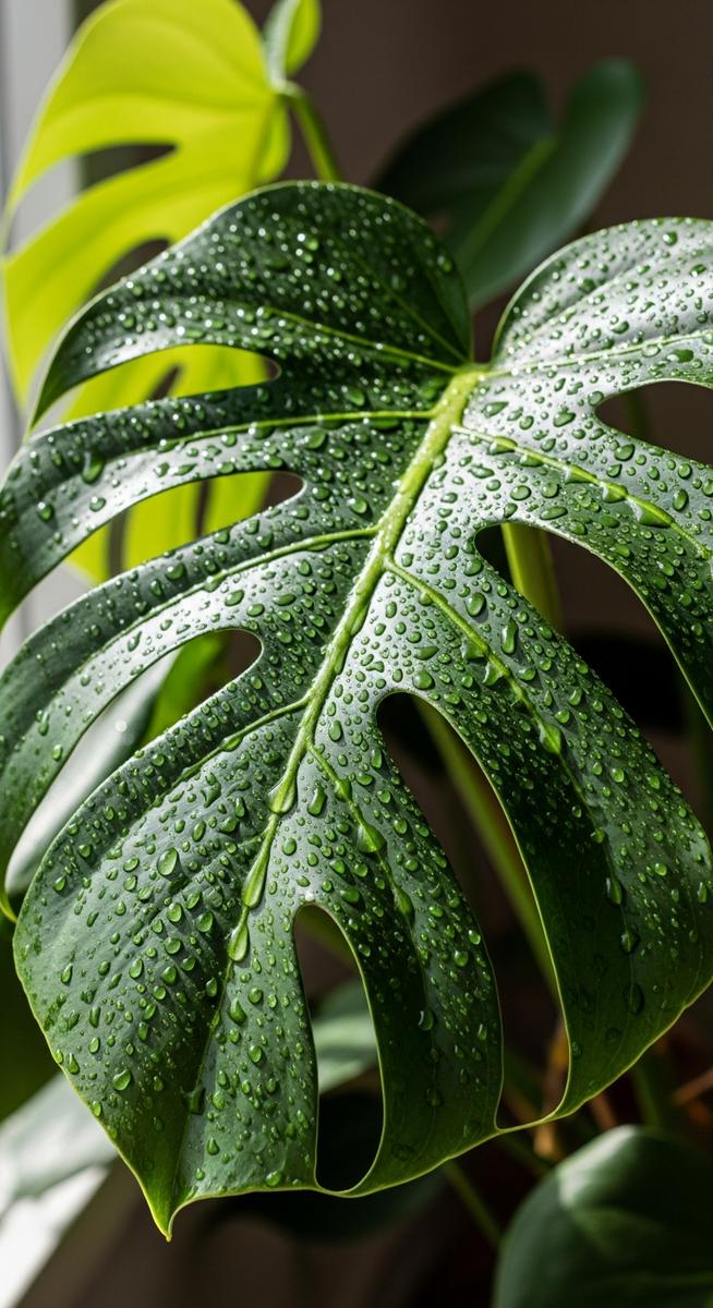a monstera plant with water droplets on the leaves after watering