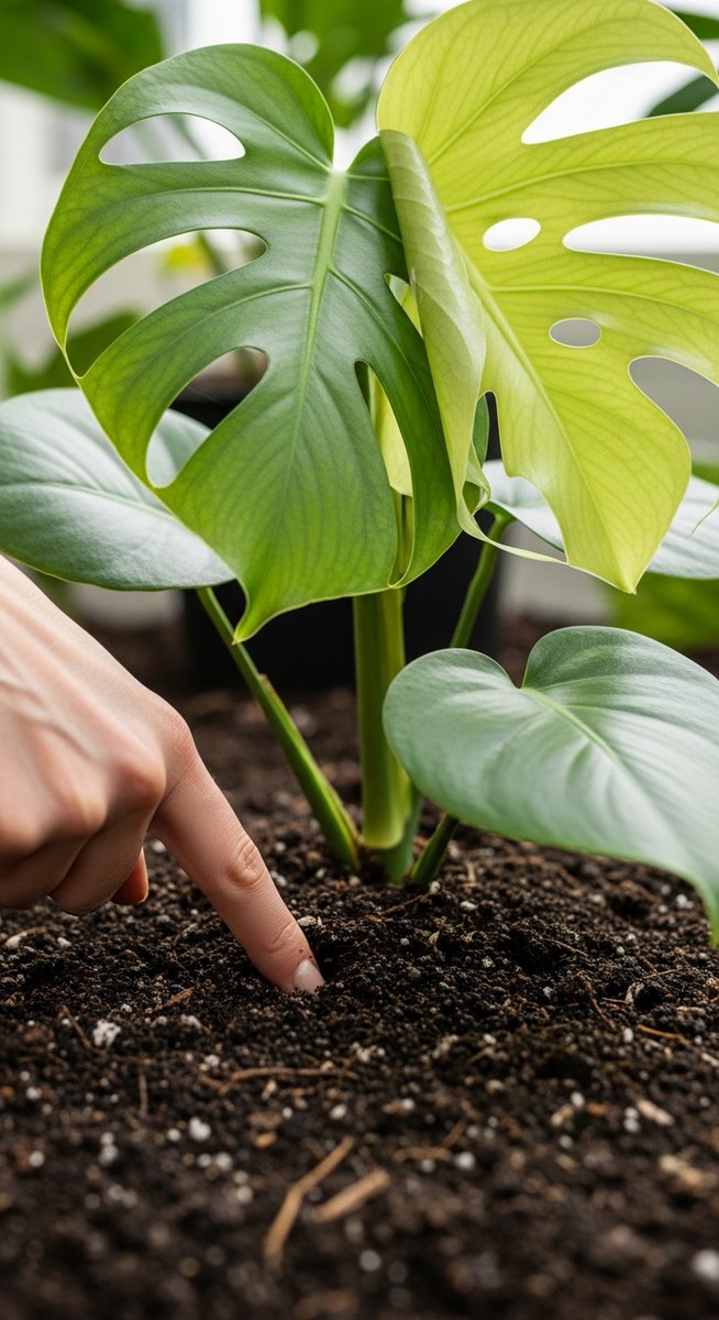a person checking soil moisture of a monstera plant before watering, for how often to water monstera