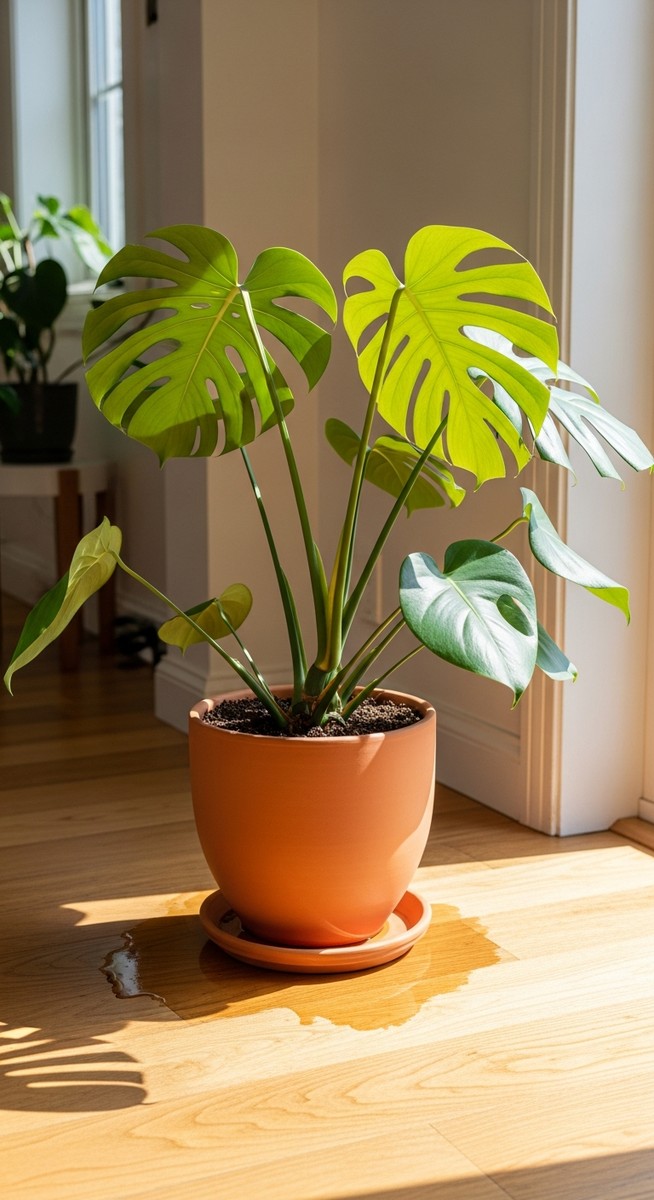 a monstera plant in a pot with a saucer underneath
