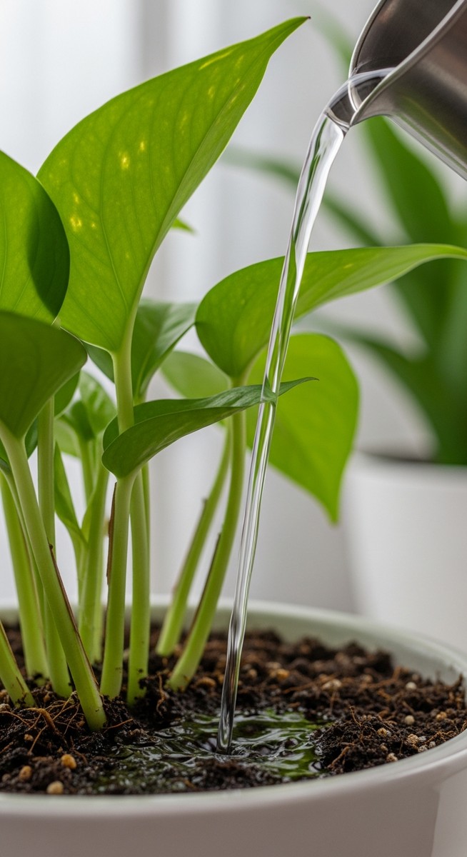 close-up of water being poured into the soil of a pothos plant