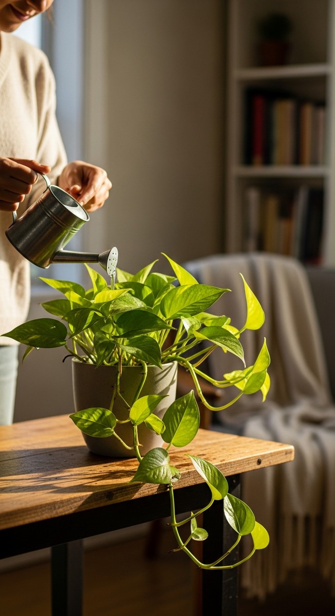 a person watering a pothos plant with a watering can, for how often to water pothos