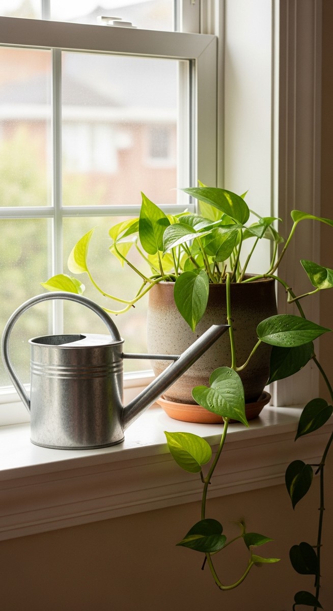 a pothos plant on a windowsill next to a small watering can