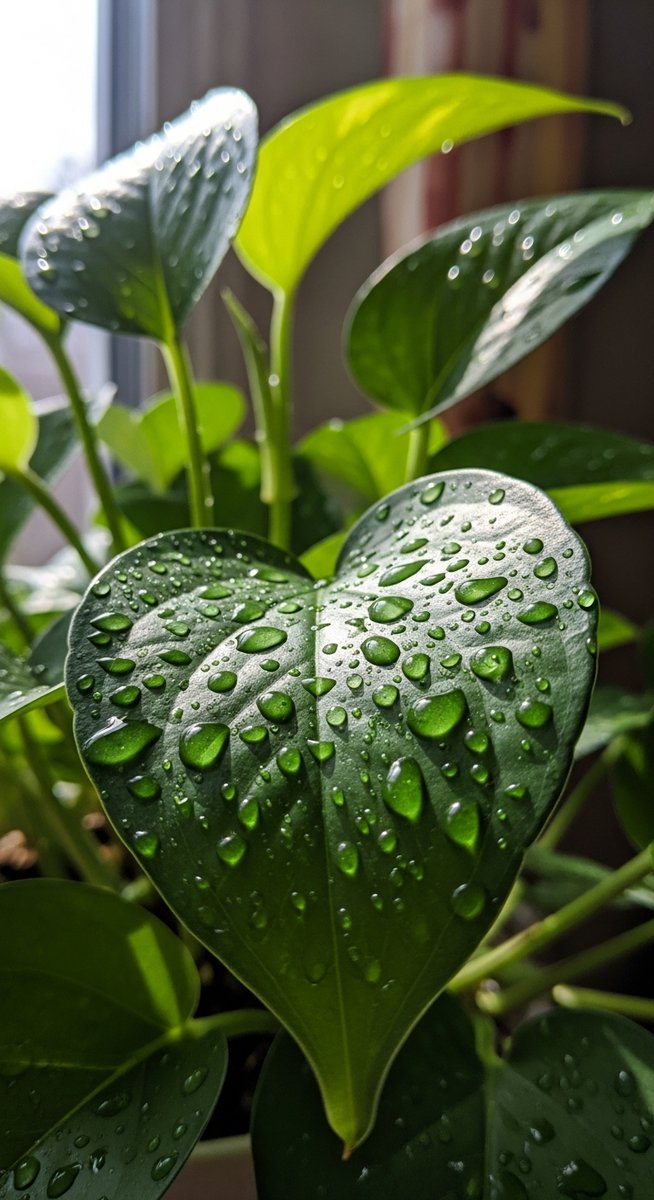 a pothos plant with water droplets on the leaves after watering