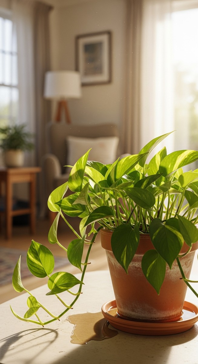 a pothos plant in a pot with a saucer underneath