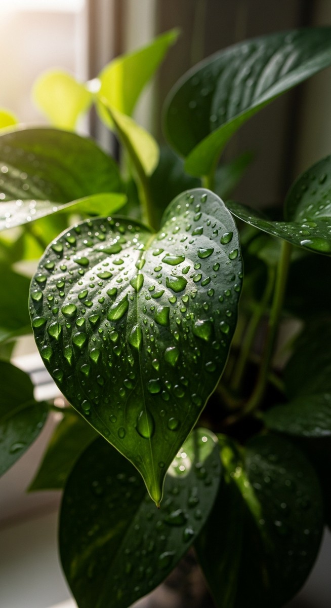 a pothos plant with water droplets on the leaves after watering