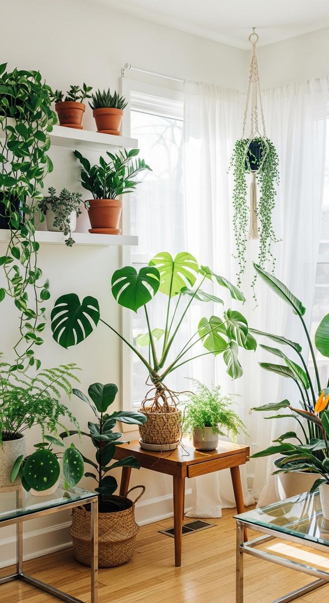 a bright home interior featuring several houseplants on shelves