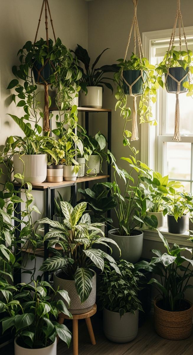 a styled home corner with multiple houseplants of different types, for how to start indoor herb garden
