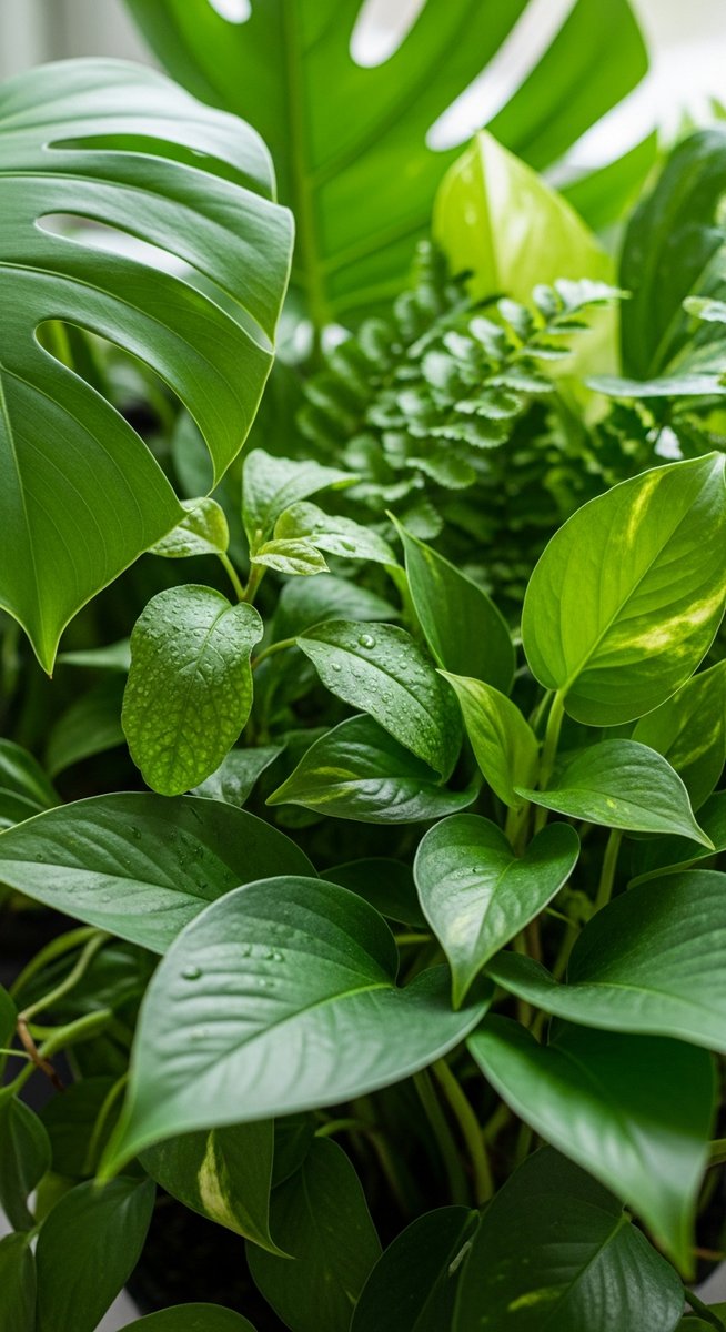 close-up of lush leaves from a variety of different houseplant species