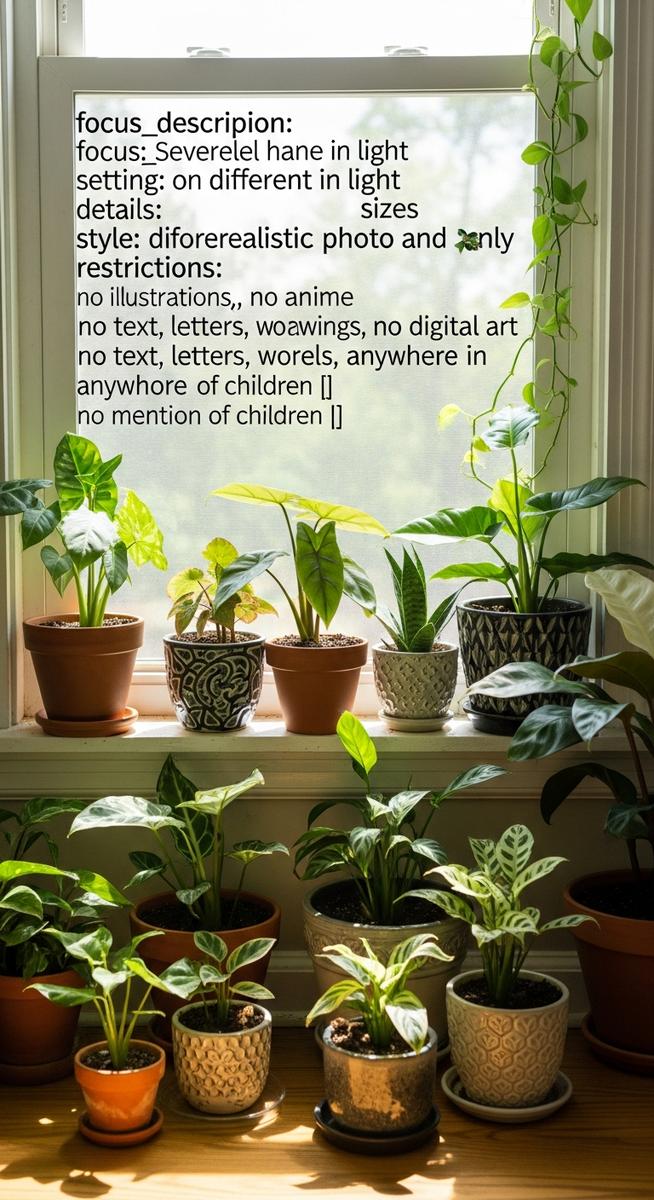 several houseplants of different species on a windowsill in natural light