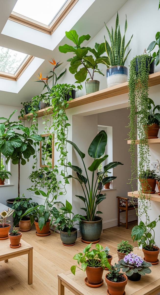 wide shot of a plant-filled home interior with multiple houseplant species