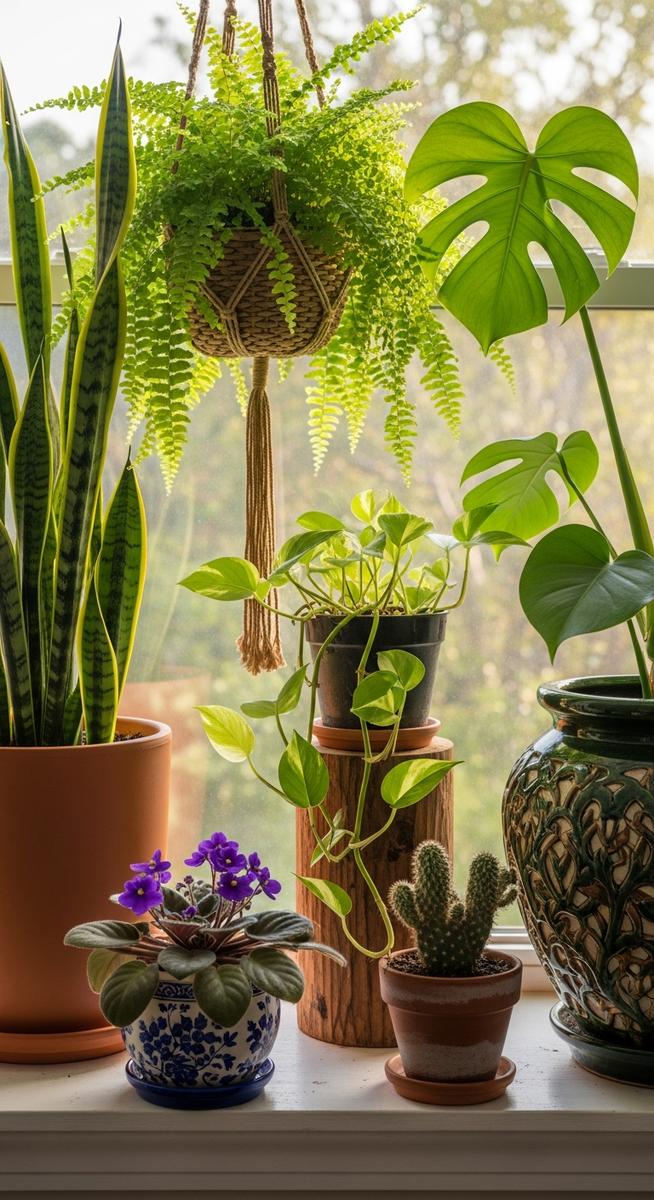 several houseplants of different species on a windowsill in natural light