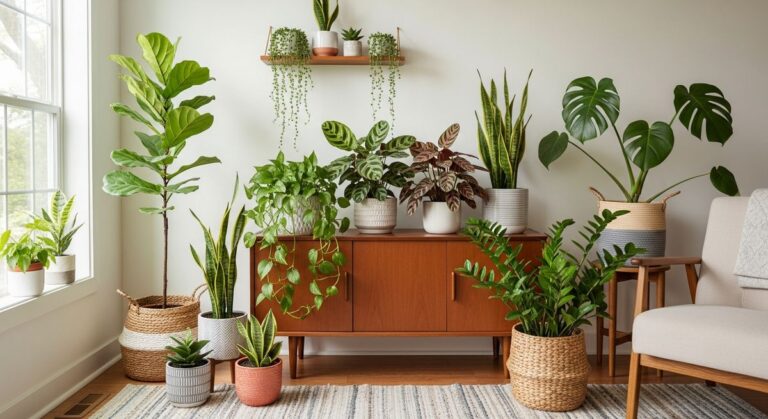 a collection of popular houseplants in decorative pots in a bright home, for indoor herbs
