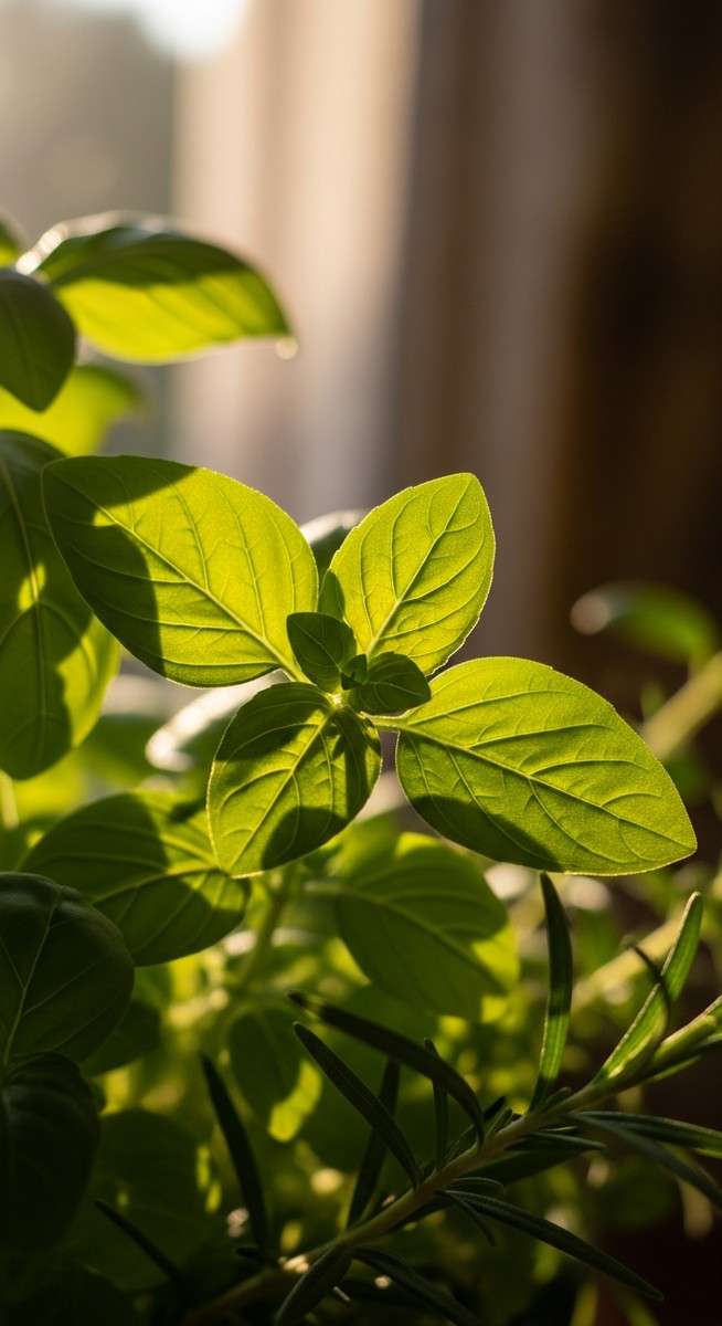 close-up of herbs plant leaves with natural summer light