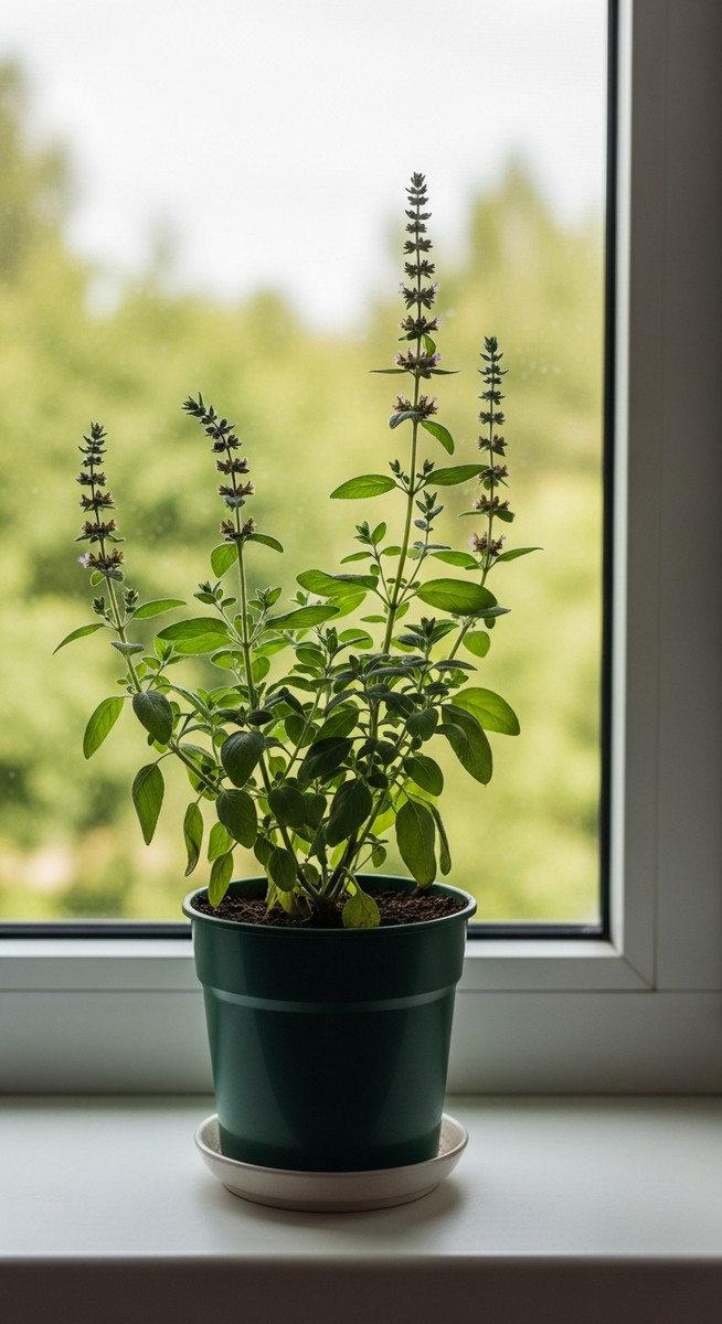 a herbs plant on a windowsill in summer, for indoor herbs summer care