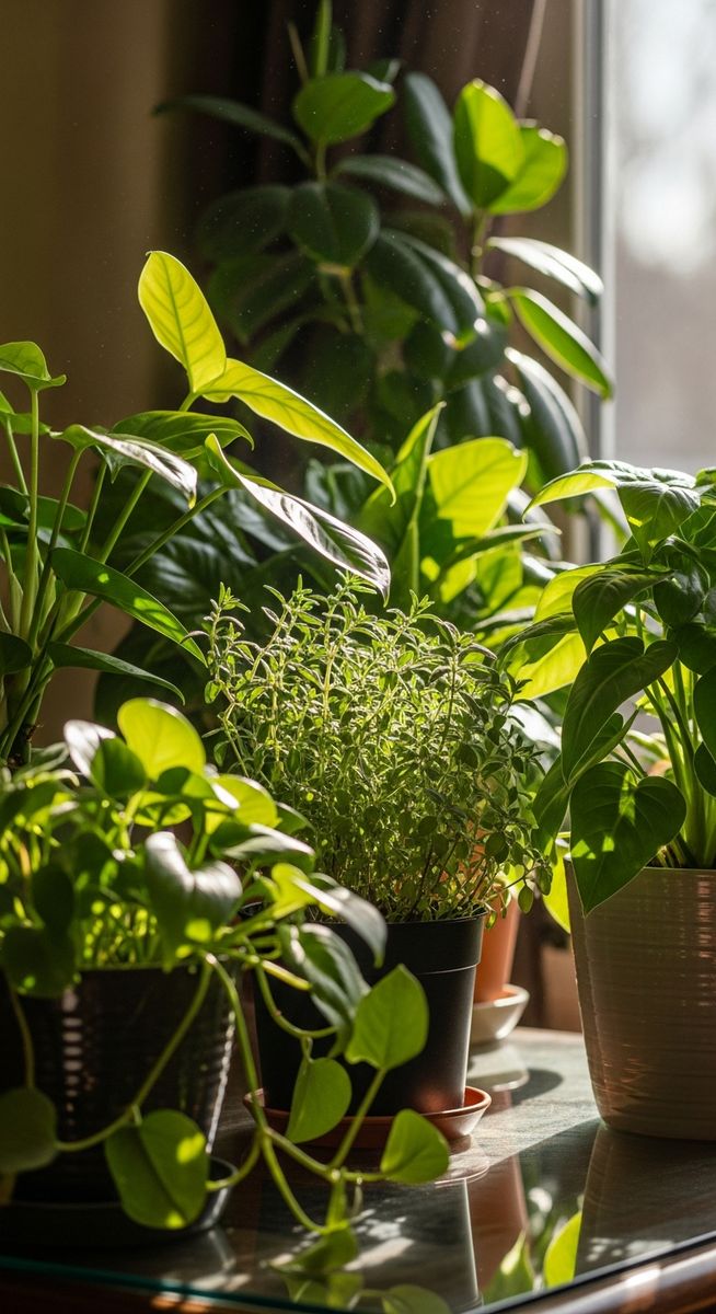 houseplants including a herbs plant grouped together in summer