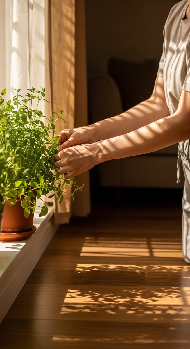 a person tending to a herbs plant in summer, for indoor herbs summer care