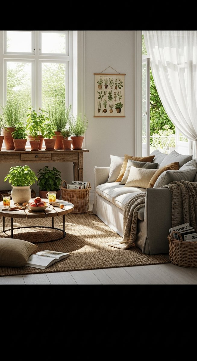 a home interior in summer featuring a herbs plant, for indoor herbs summer care