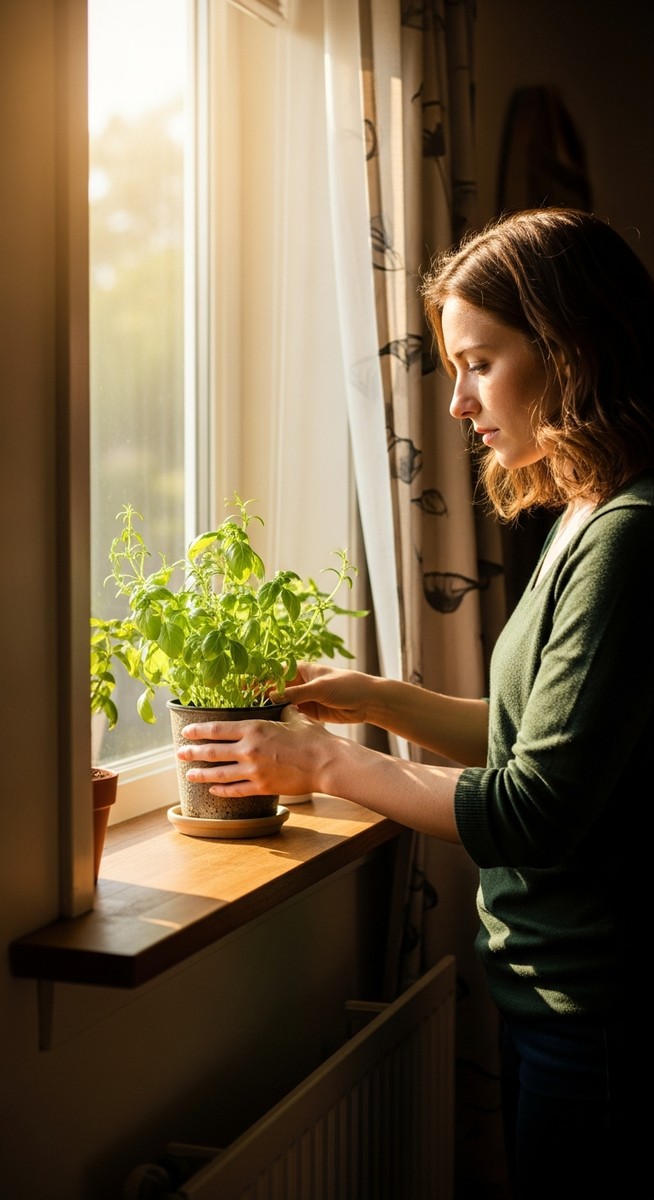 a person caring for a herbs plant near a window in summer